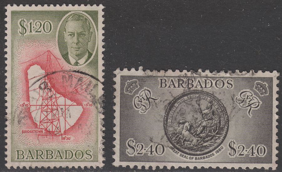 Barbados 1950 KGVI Map $1.20, Seal $2.40 Used SG281-282 cat £46