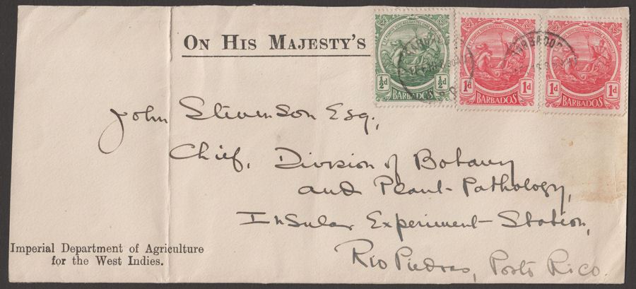 Barbados 1918 KGV Seal 1d x2, ½d Imperial Dept of Agriculture Cover Front Used