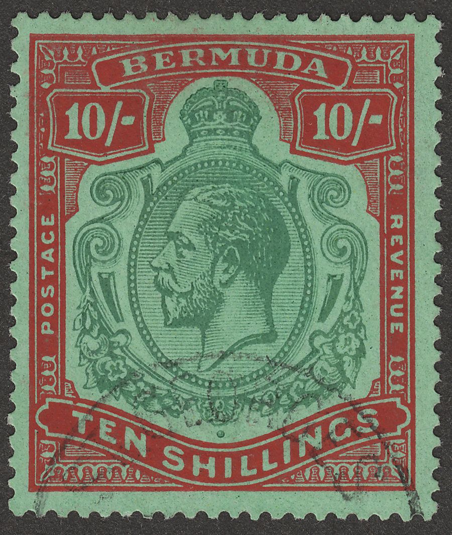 Bermuda 1930 KGV 10sh Green and Red on Deep Emerald Used SG92g