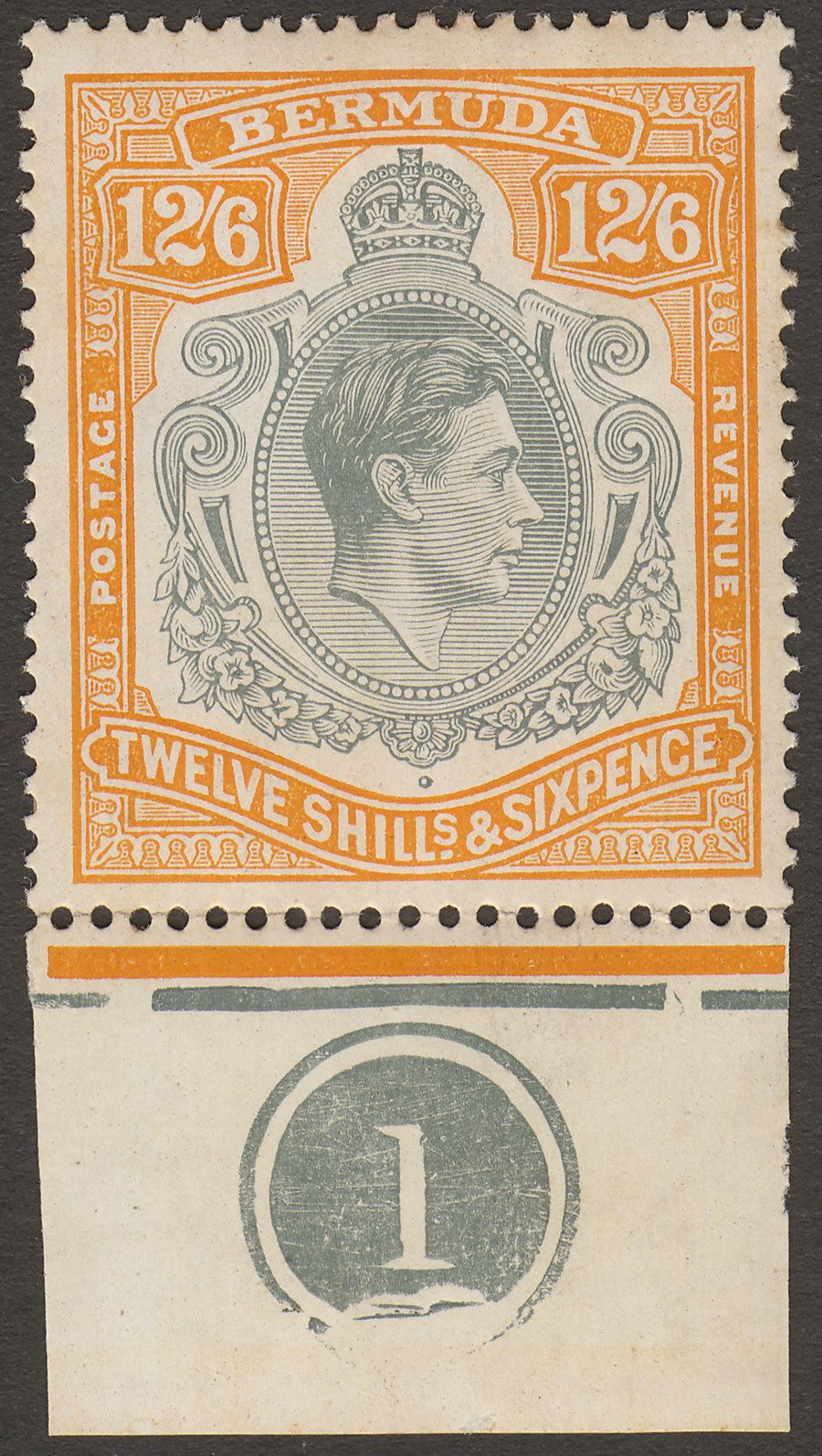 Bermuda 1940 KGVI 12sh6d Grey and Pale Orange p14 Mint SG120b