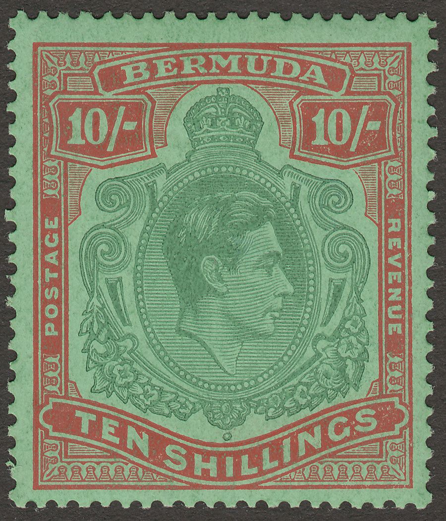 Bermuda 1946 KGVI 10sh Deep Green and Dull Red on Green p14 Mint SG119d