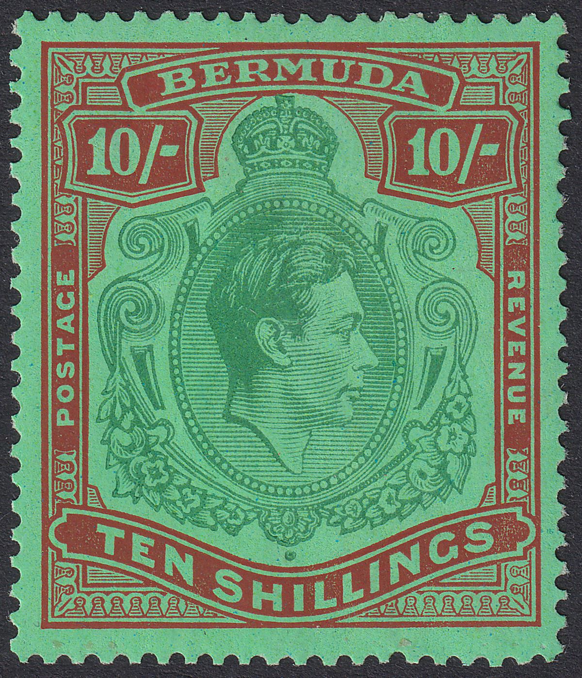 Bermuda 1938 KGVI 10sh Green and Deep Lake on Pale Emerald p14 Mint SG119