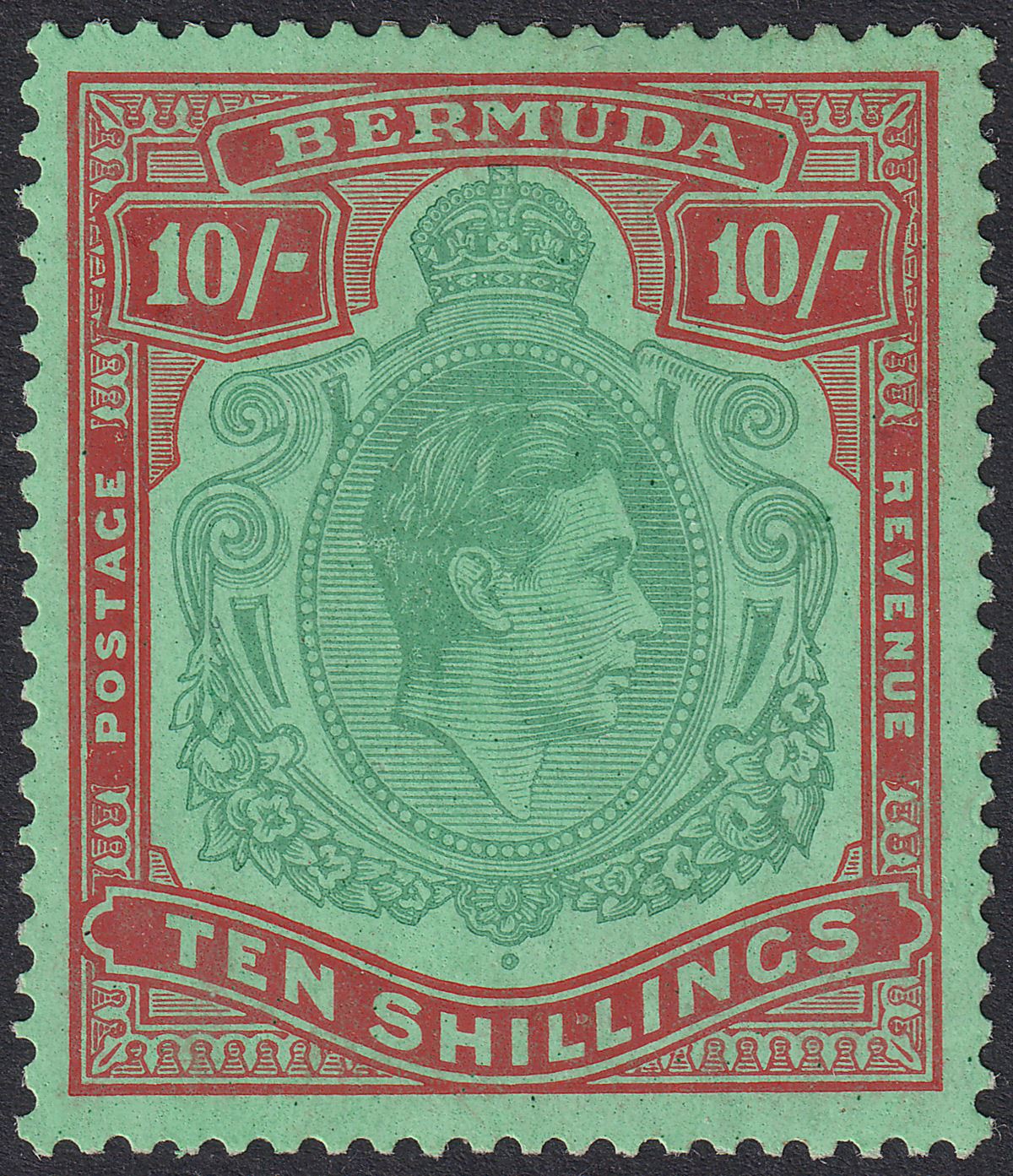 Bermuda 1939 KGVI 10sh Bluish Green + Deep Red on Green p14 Mint SG119a cat £200