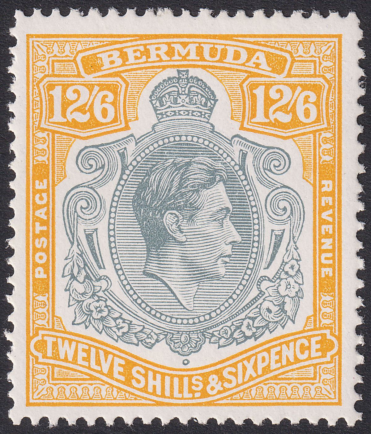 Bermuda 1951 KGVI 12sh6d Bluish-Grey and Deep Yellow p13 Mint SG120e