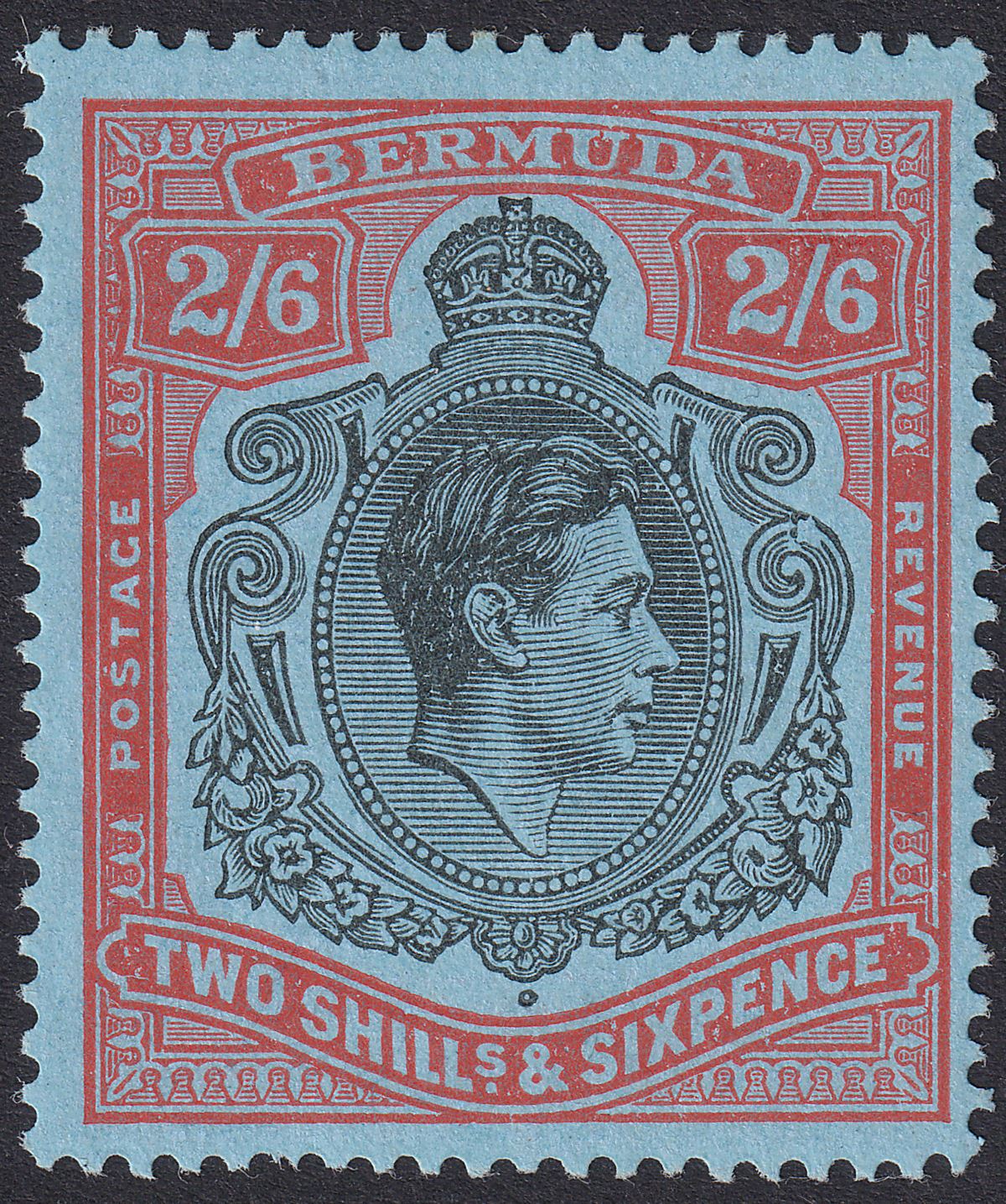 Bermuda 1943 KGVI 2sh6d Black and Red p14 Broken Lower Right Scroll Mint SG117be