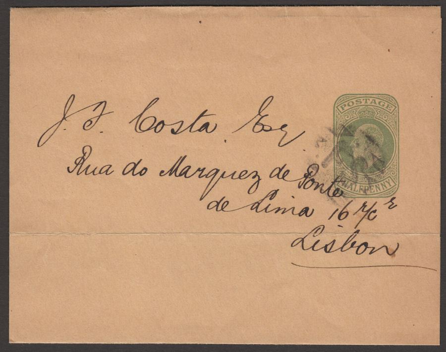 KEVII ½d Postal Stationery Wrapper Used London to Lisbon with FS Postmark