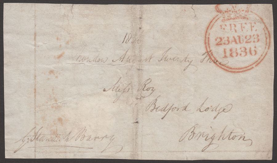 Great Britain 1836 Free Frank Front sent from G Standish Barry