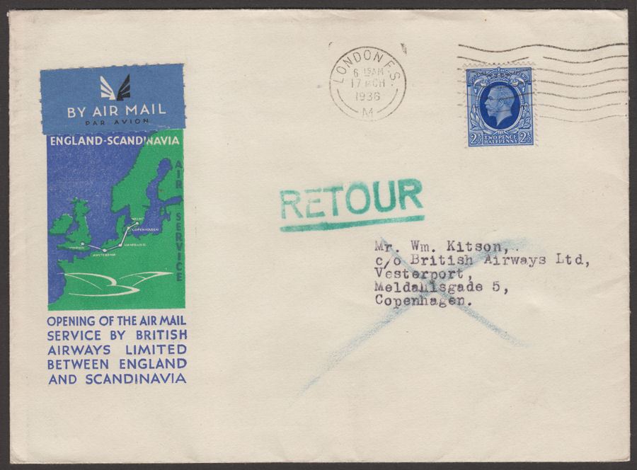 KGV 1936 2½d Used BA England to Scandinavia Airmail Service Cover Returned Marks