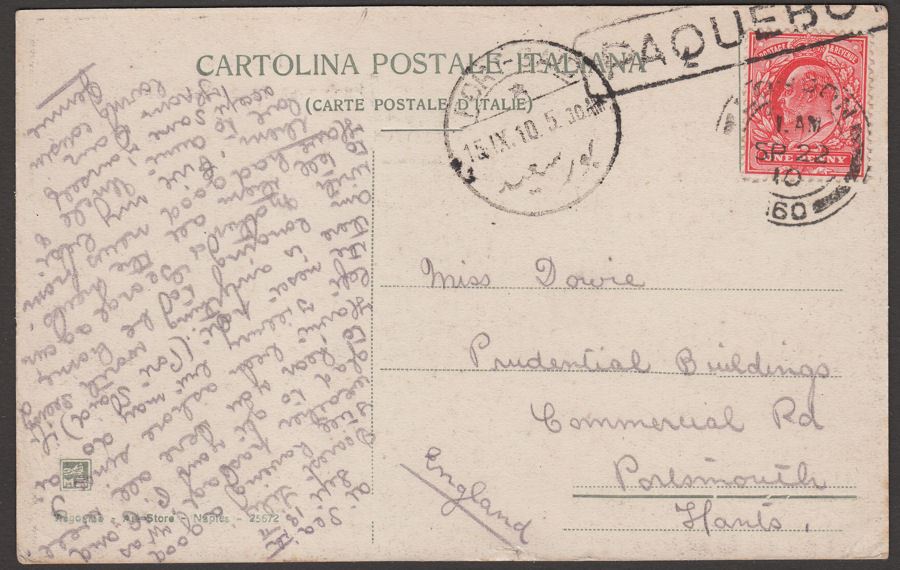 KEVII 1910 1d Used on Volcano Postcard to UK w Port Said Paqeubot Postmark Egypt