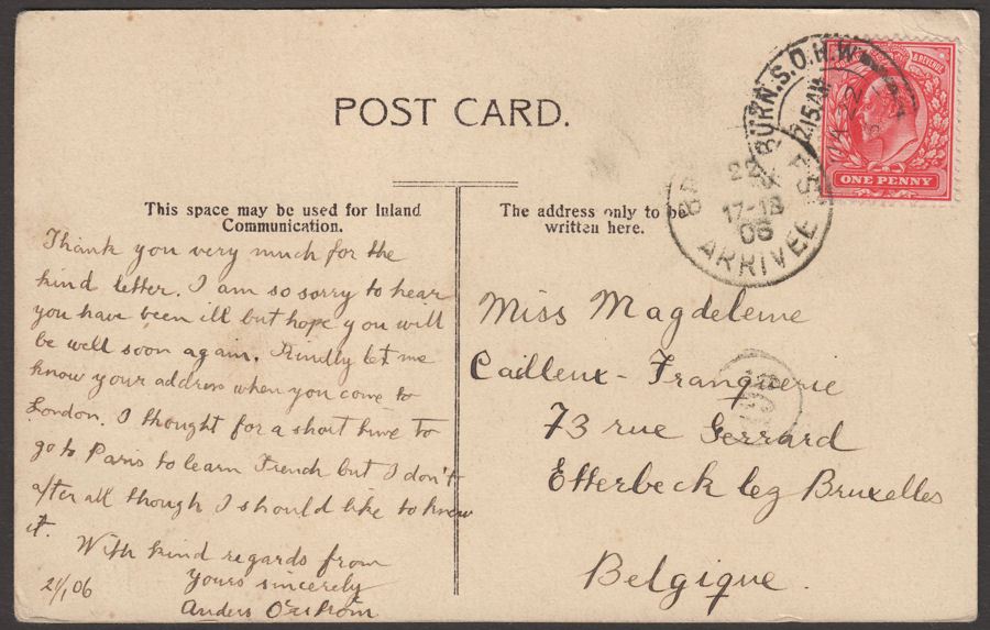 KEVII 1906 1d Used on Picture Postcard to Belgium w Kilburn SONW Postmark