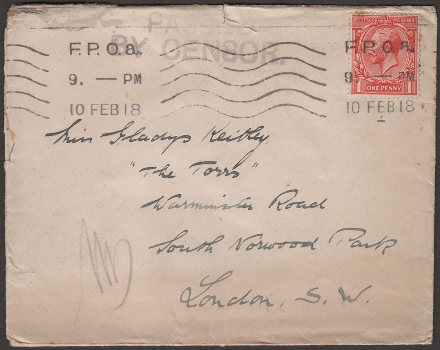 KGV 1918 1d Active Service Cover to UK with FPOa Krag Postmark + Censor Mark