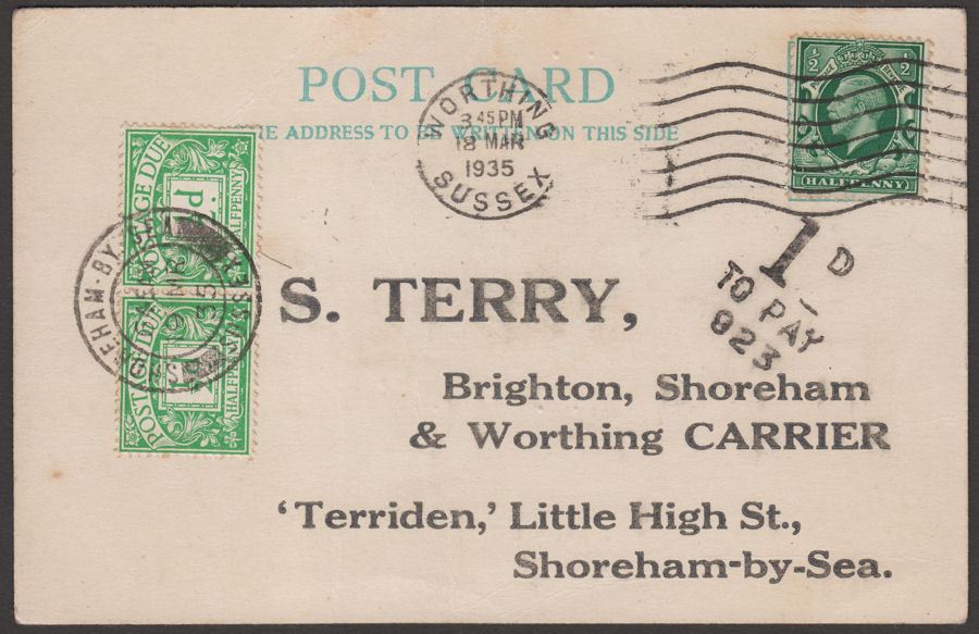 KGV 1935 ½d with ½d x2 Postage Due Used on Postcard Worthing to Shoreham-by-Sea