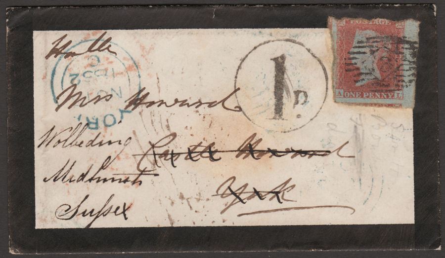Queen Victoria 1852 1d Imperf Mourning Cover to York Redirected with 1d Tax Mark