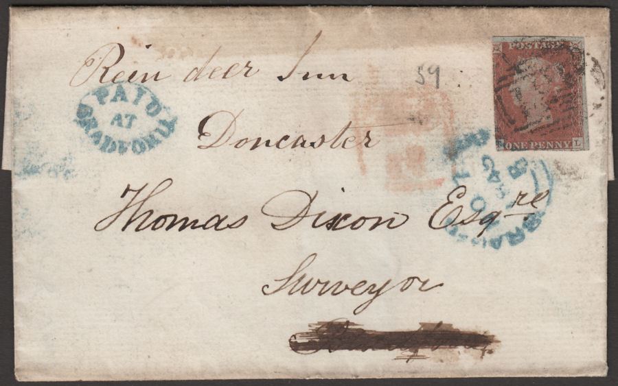 Queen Victoria 1845 1d Imperf Wrapper Redirected Doncaster PAID AT BRADFORD