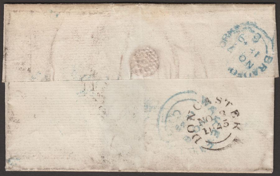 Queen Victoria 1845 1d Imperf Wrapper Redirected Doncaster PAID AT BRADFORD