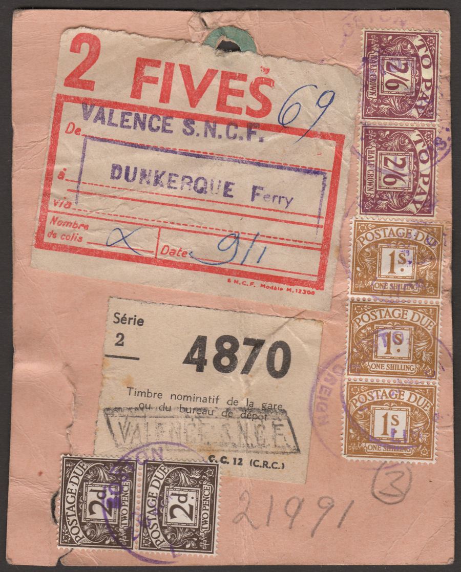 QEII 1961 Postage Due 2sh6d x2, 1sh x3, 2d x2 Parcel Label Dunkerque Ferry