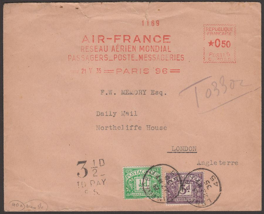 France 1935 50c Air France Meter Mail Cover Used to London GB Postage Due 3d, ½d
