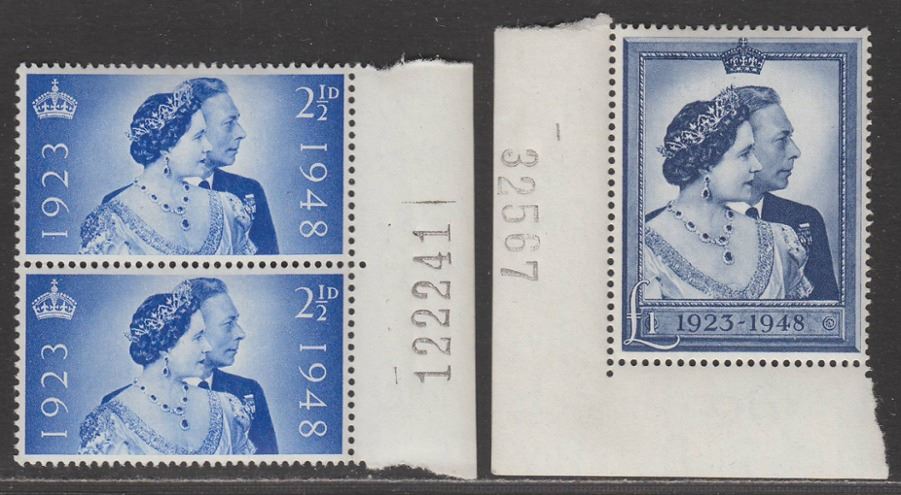 King George VI 1948 Royal Silver Wedding 2½d, £1 UM Mint SG493-494 cat £40 MNH