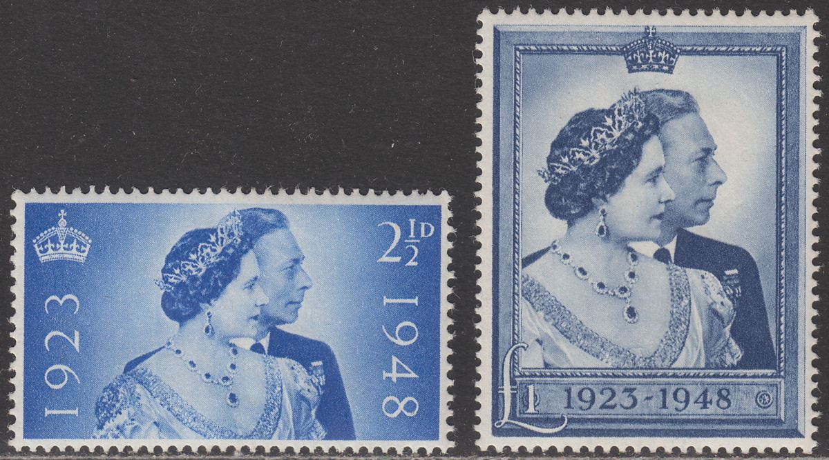 King George VI 1948 Royal Silver Wedding 2½d, £1 Mint SG493-494 cat £40