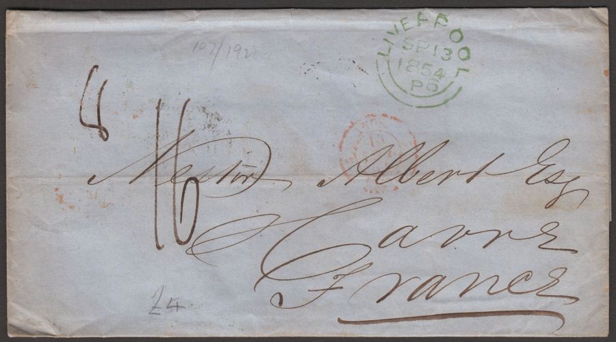 Great Britain 1854 Unstamped Wrapper Sent Liverpool to France w Good Marks