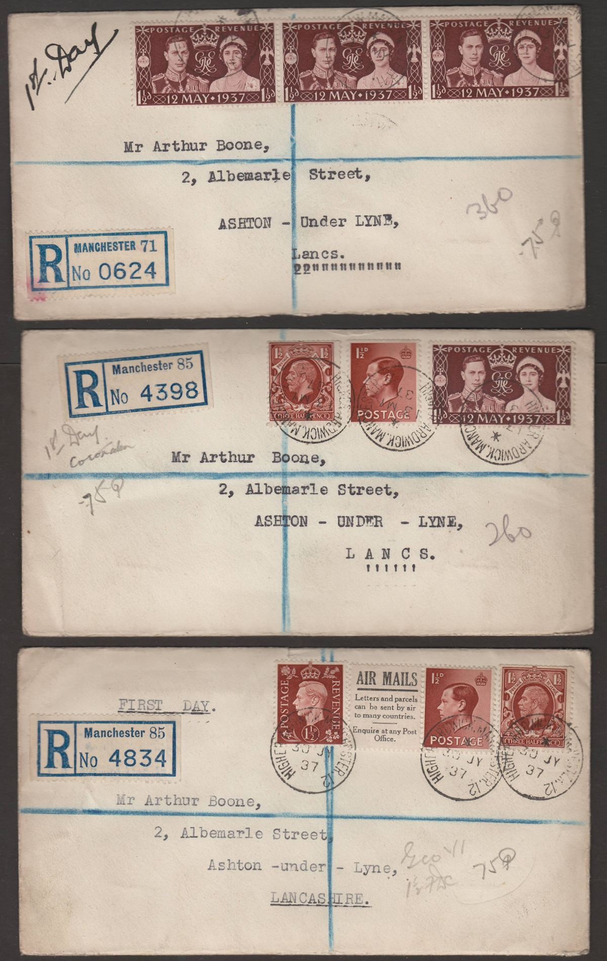 KGVI 1937-39 Registered First Day Covers Used Manchester to Ashton-u-Lyne