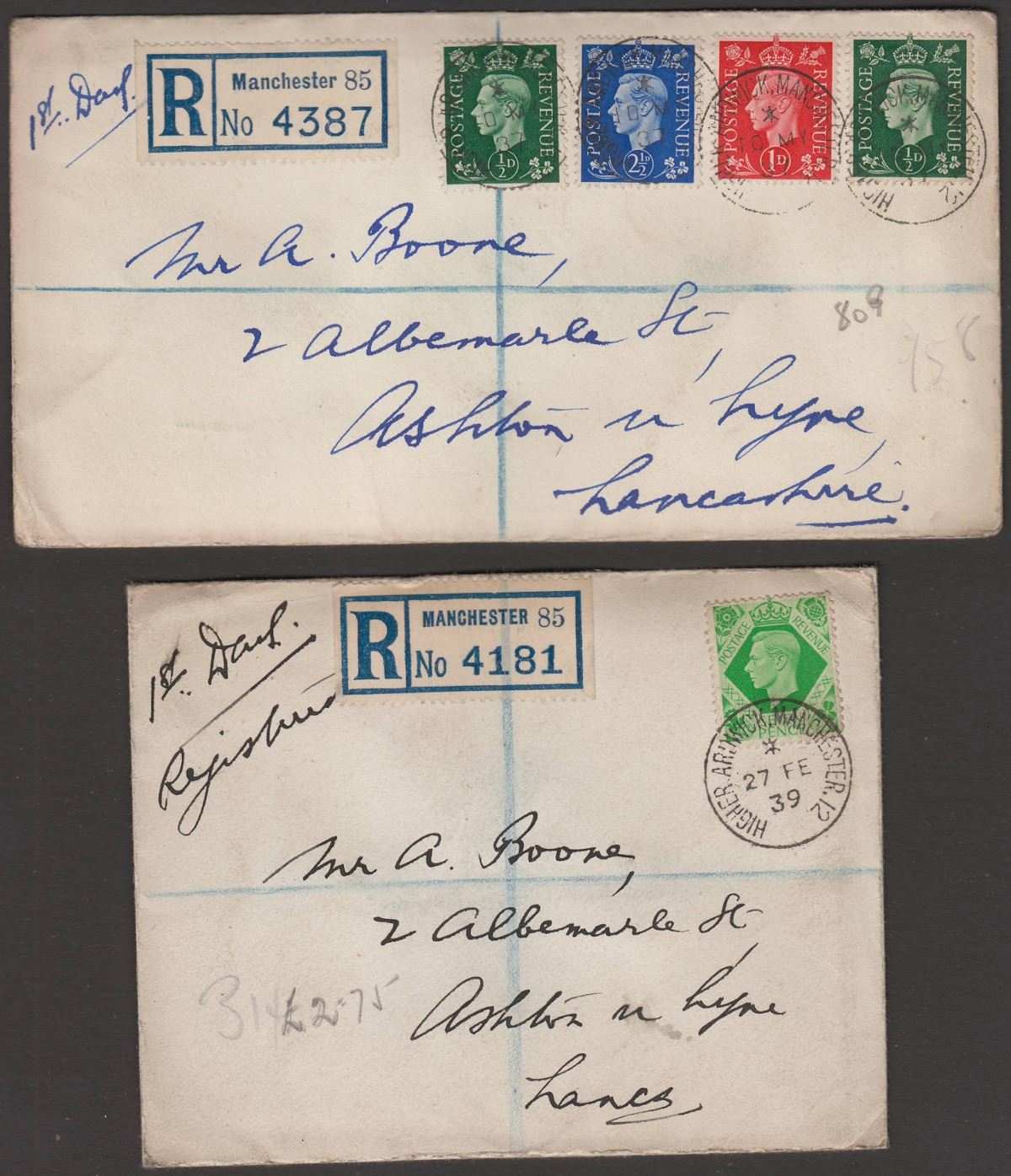 KGVI 1937-39 Registered First Day Covers Used Manchester to Ashton-u-Lyne