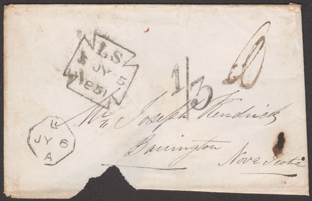 Great Britain 1851 Unstamped 1/3 Mark Cover Used to Nova Scotia