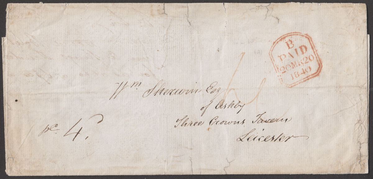 Great Britain 1840 Pre-Stamp 4d Rate Entire Sent to Leicester