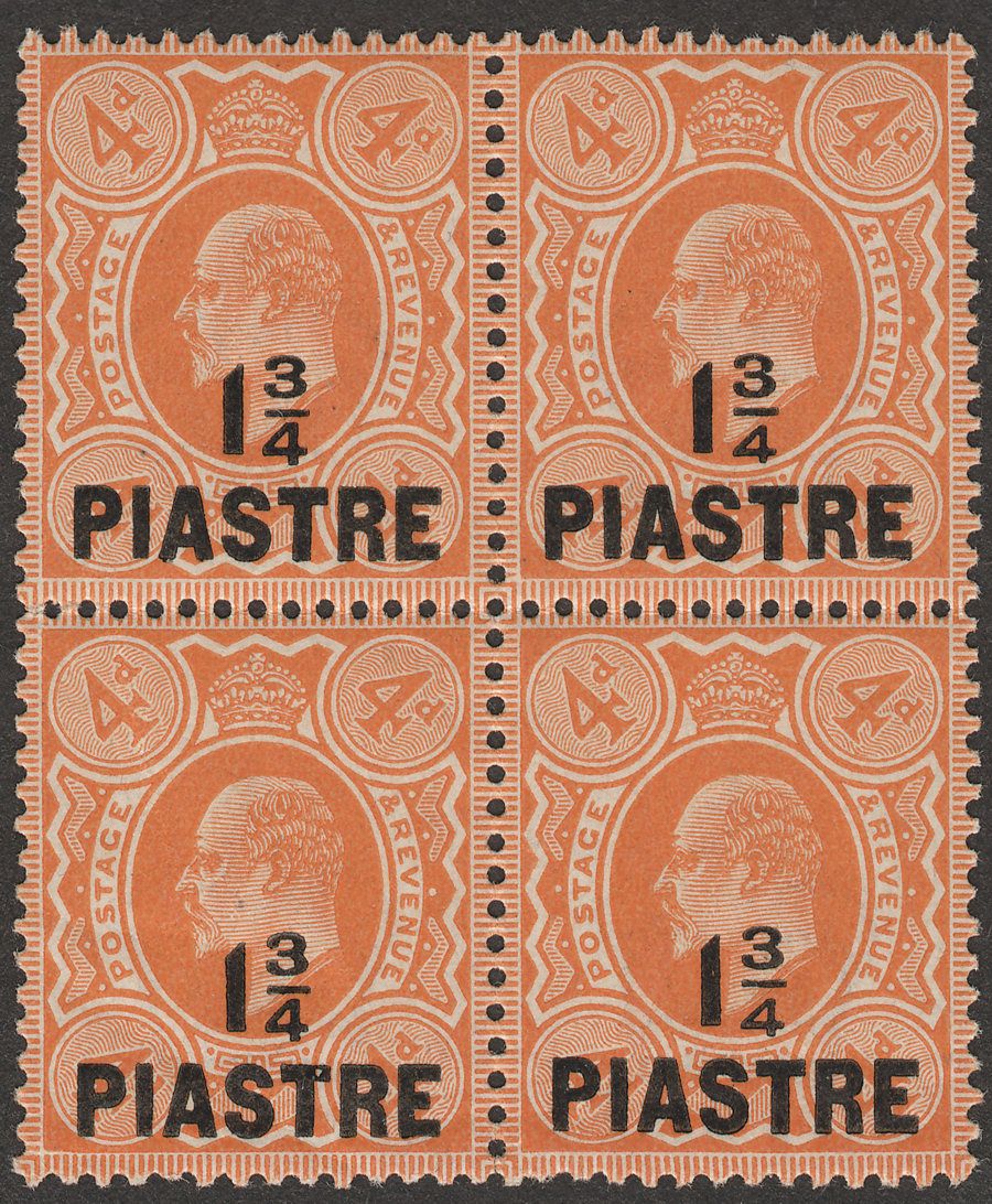 British Levant 1910 1¾d Block with Variety Pair Thin 4 in Fraction Mint SG23b