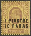 Click for more photos and details British Levant 1909 KEVII 1pi 10pa on 3d Dull Purple on Orange-Yellow Mint SG17