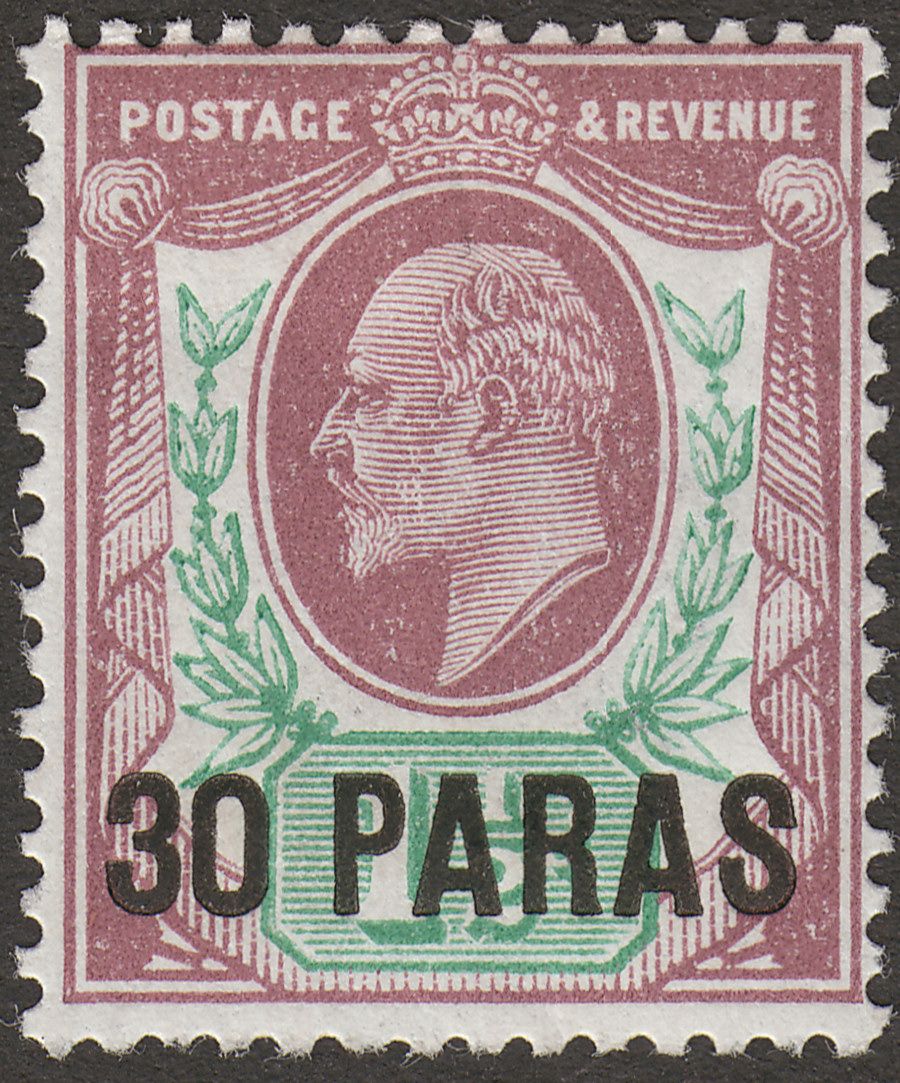 British Levant 1911 KEVII 30pa on 1½d Dull Reddish Purple + Brt Green Mint SG29