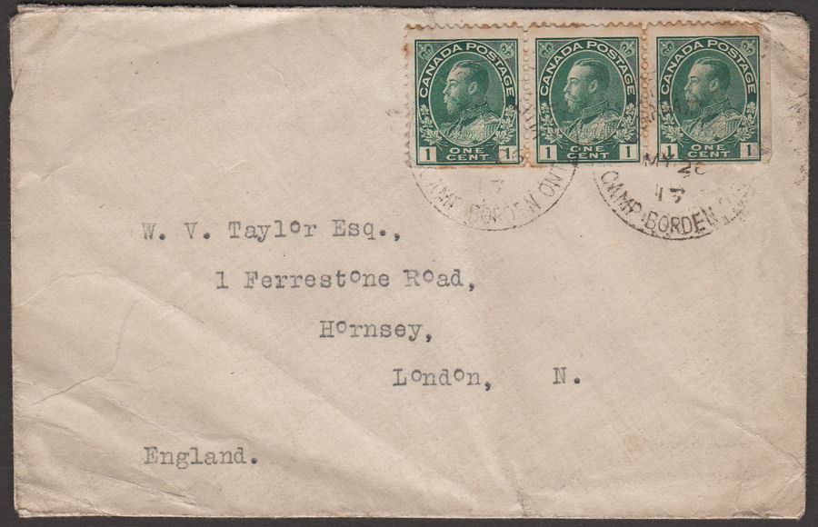 Canada 1917 KGV 1c x3 Used on Cover - UK w CAMP BORDEN FPO Military Postmarks