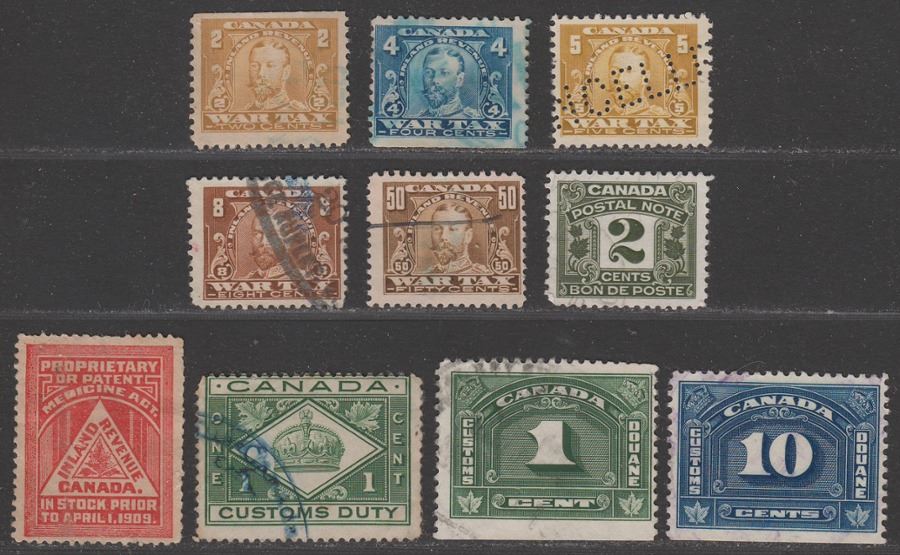 Canada 1909-41 KEVII-KGVI Revenue Selection Used War Tax, Medecine, Customs