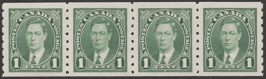 Canada 1937 KGVI 1c Green Coil imperf x perf 8 Strip of 4 Mint SG368