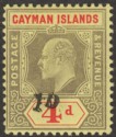 Cayman Islands 1908 KEVII 1d on 4d Black + Red on Yel Mint Revenue SG Footnoted