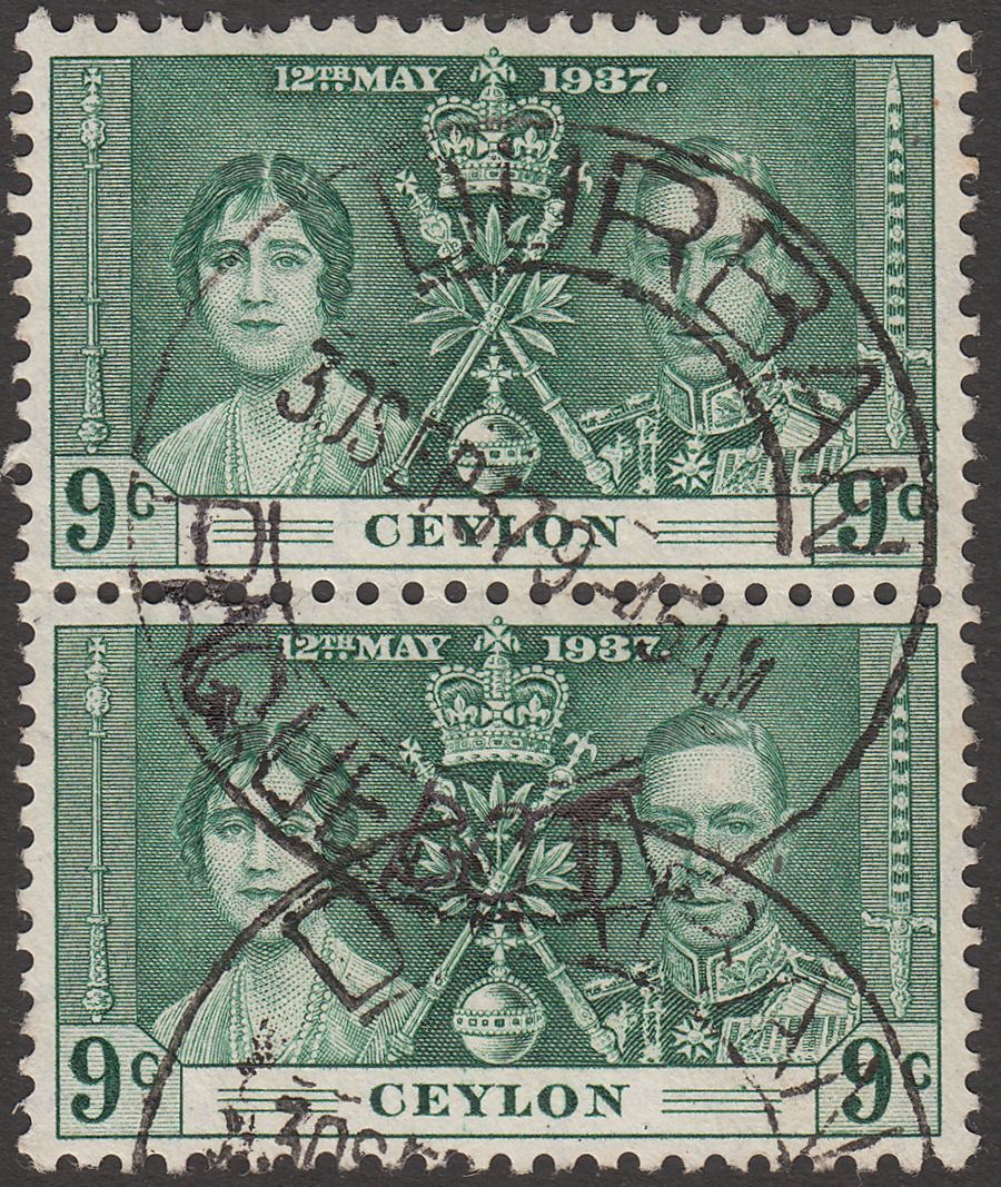 Ceylon 1937 KGVI Coronation 9c Green Pair SG384 with DURBAN PAQUEBOT Postmark