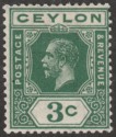 Click for more photos and details Ceylon 1919 KGV 3c Blue-Green wmk Inverted Mint SG302w