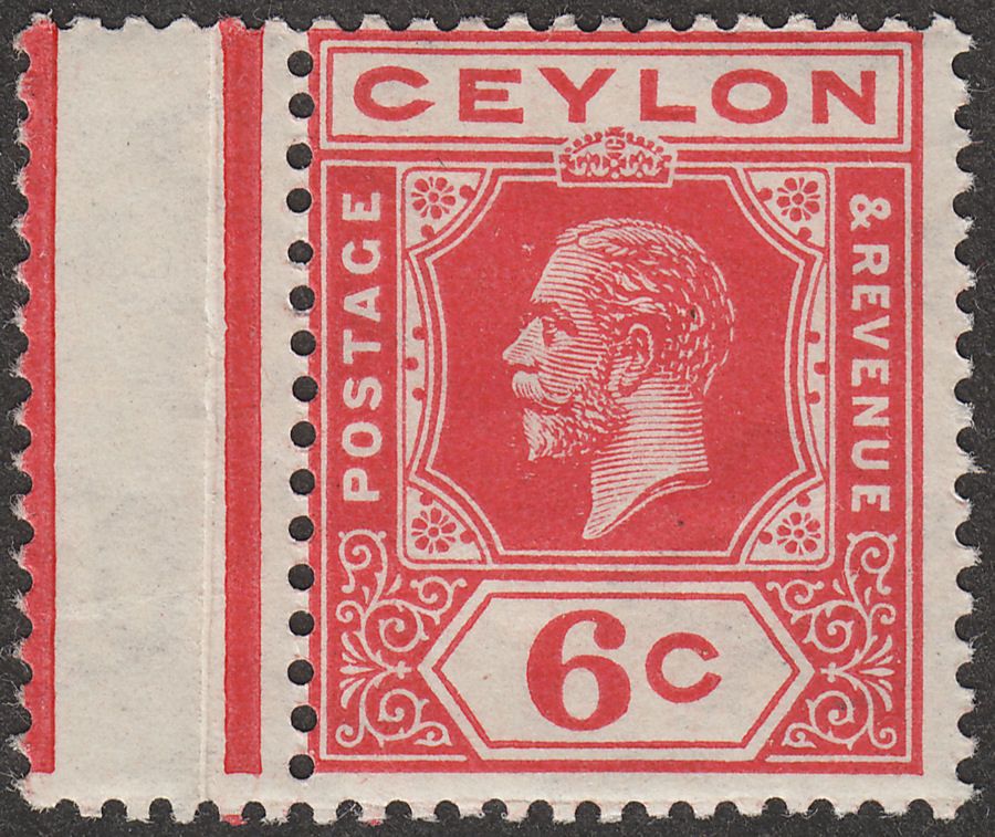 Ceylon 1912 KGV 6c Carmine wmk Sideways Crown to Right Mint SG306a