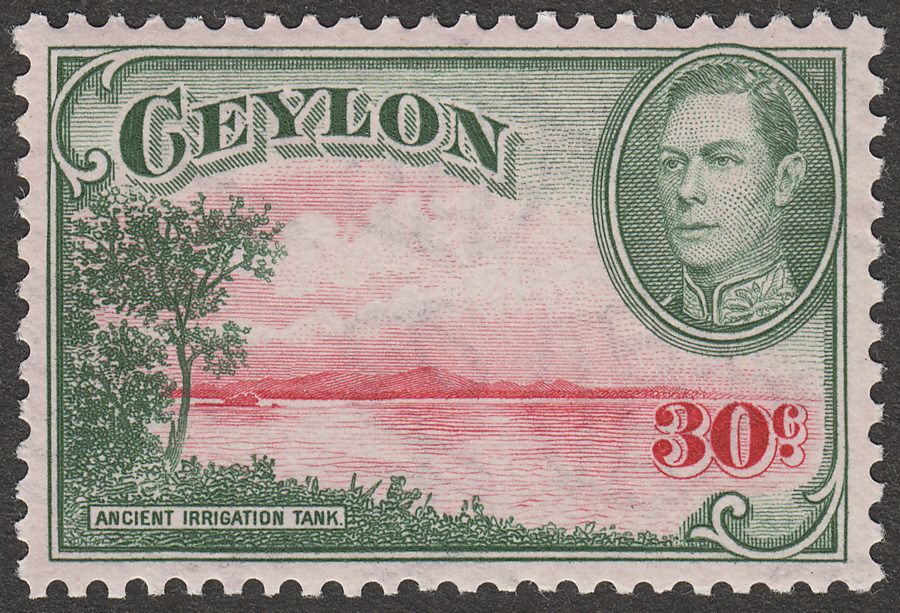 Ceylon 1938 KGVI 30c Carmine and Green wmk Sideways Mint SG393