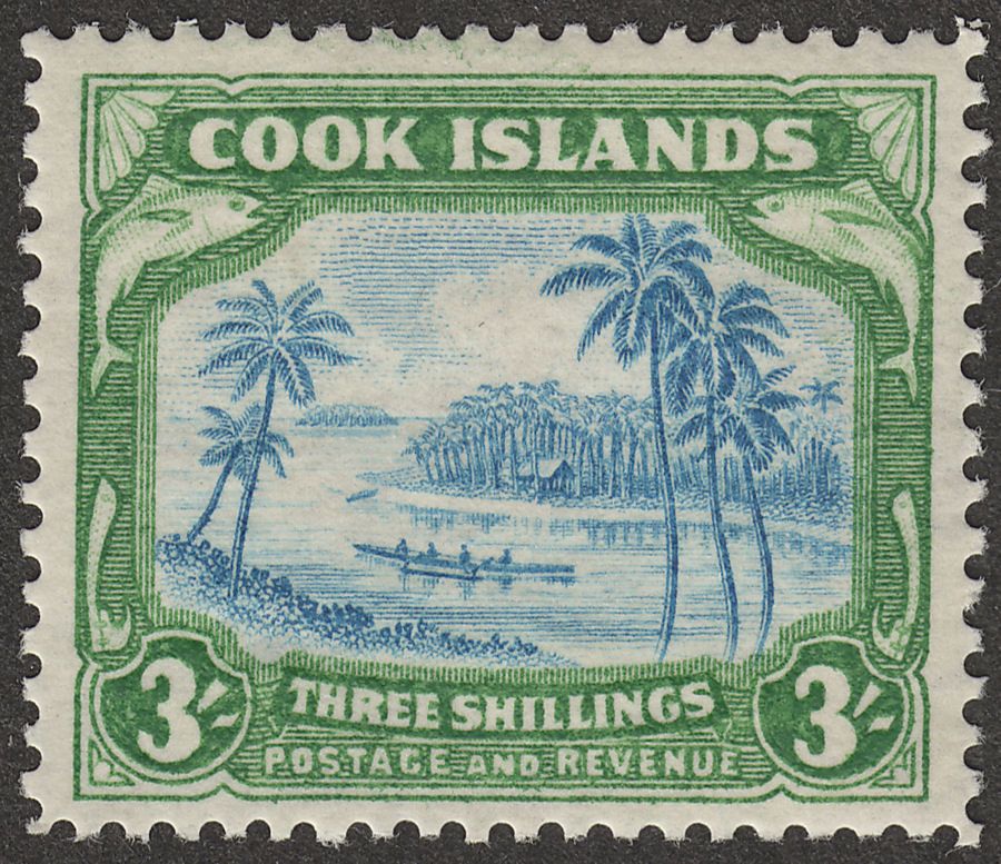 Cook Islands 1938 Canoe 3sh Greenish Blue and Green wmk Single Mint SG129