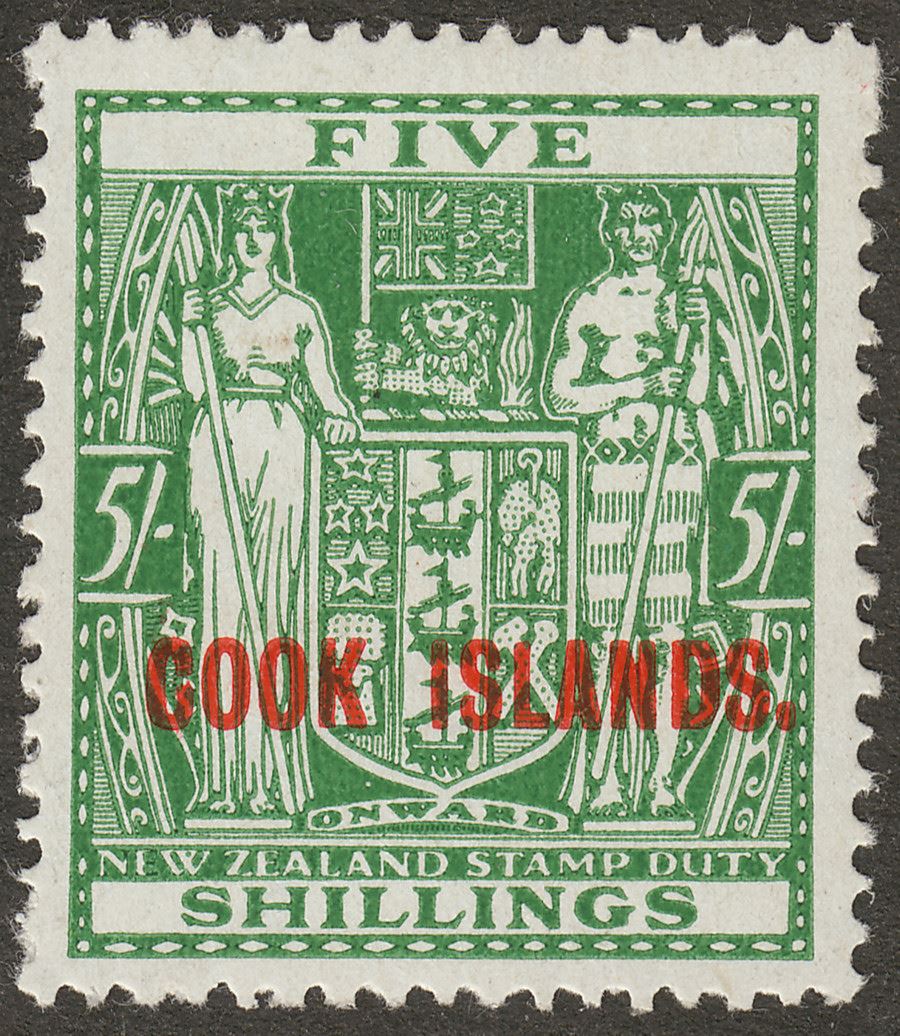 Cook Islands 1943 KGVI Postal Fiscal 5sh Green wmk Multi Mint SG132
