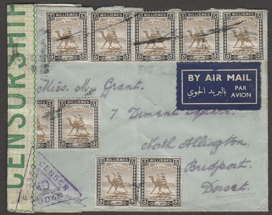 Sudan 1940 KGVI 5m x9 Used on Airmail Cover to UK with Censor Marks