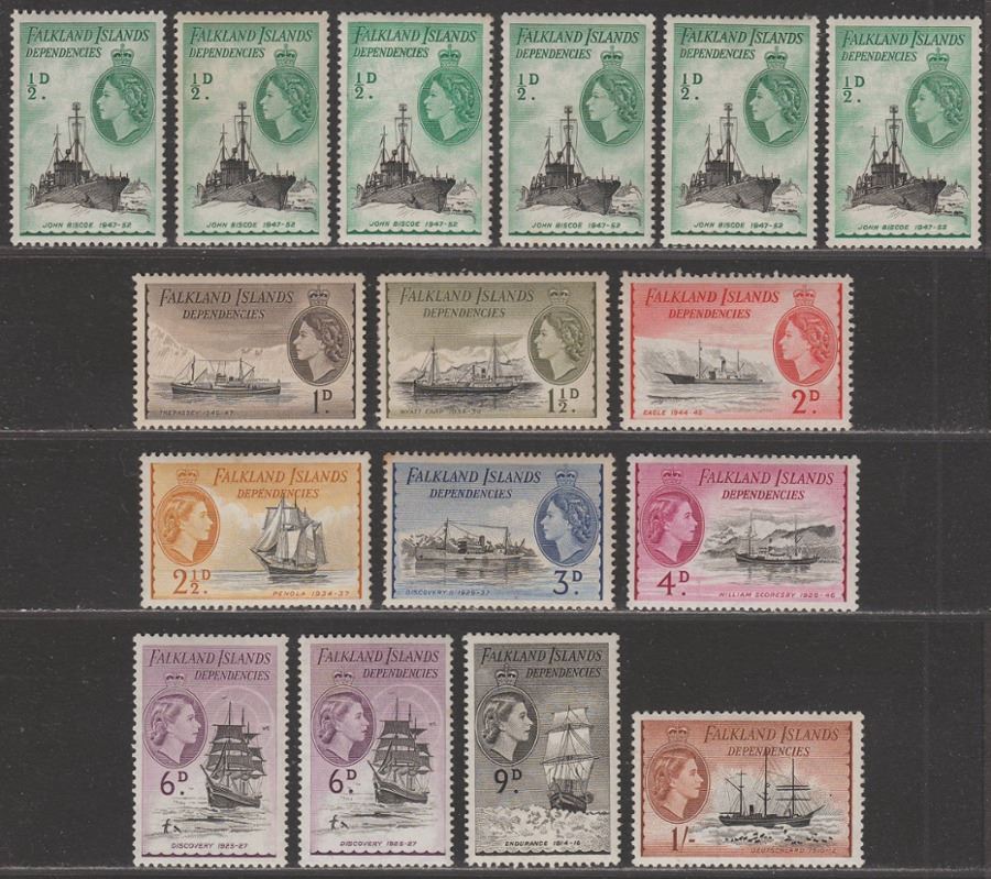 Falkland Islands Dependencies 1954 QEII Ships Set to 1sh Mint SG G26-G35 mixed