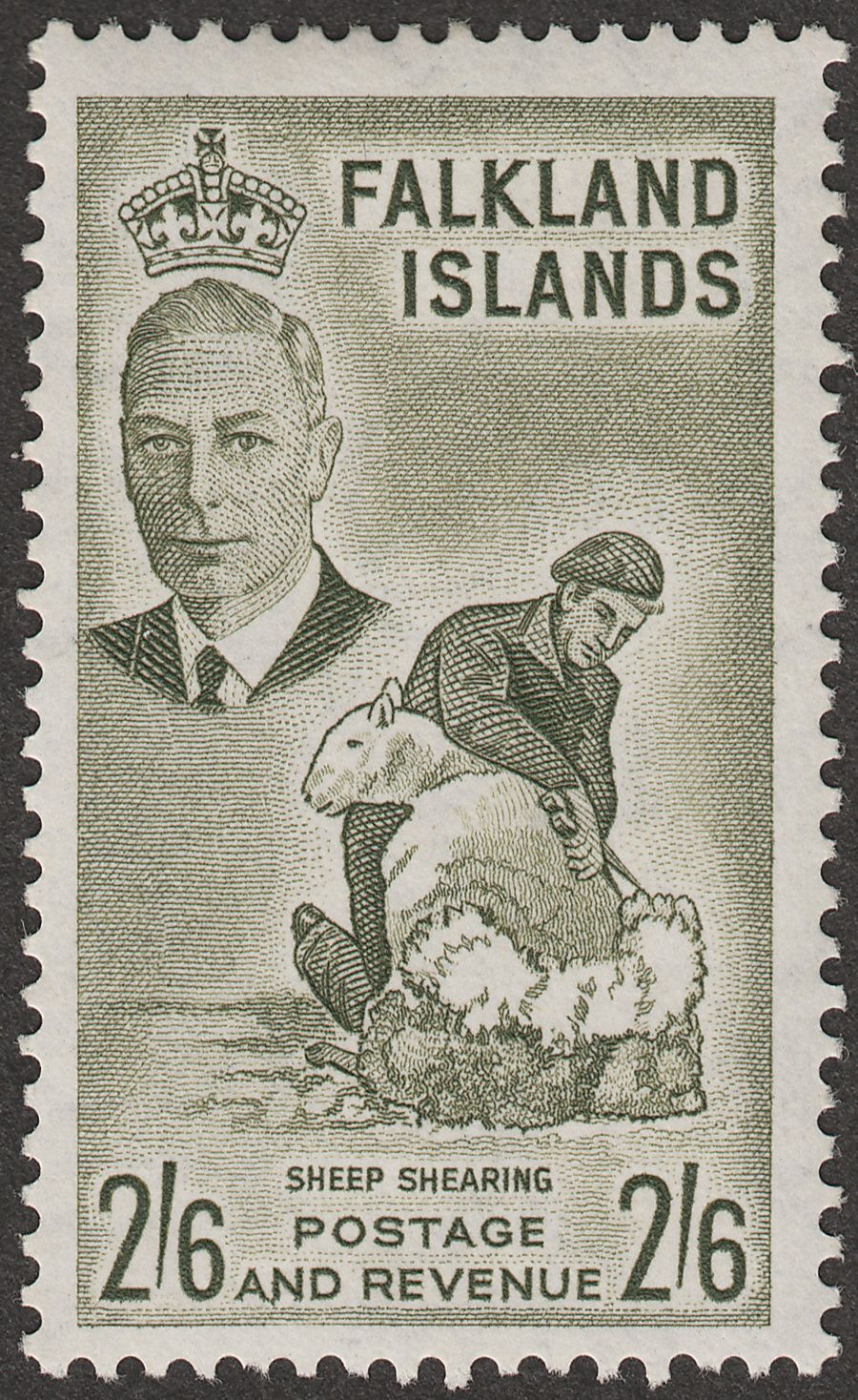 Falkland Islands 1952 KGVI Sheep Shearing 2sh6d Olive-Green Mint SG182