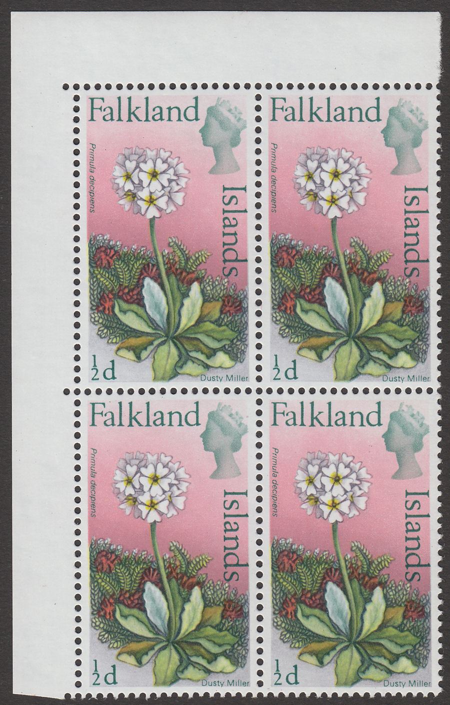 Falkland Islands 1968 QEII ½d Block of 4 Mint with Crown Flaw SG232-232a