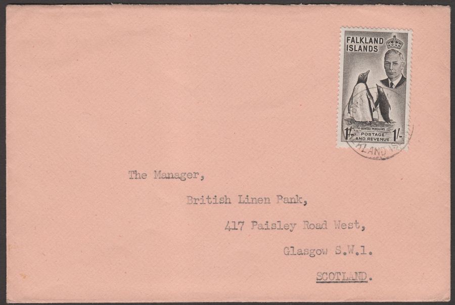 Falkland Islands 195? KGVI 1sh Used on Cover Port Stanley to UK