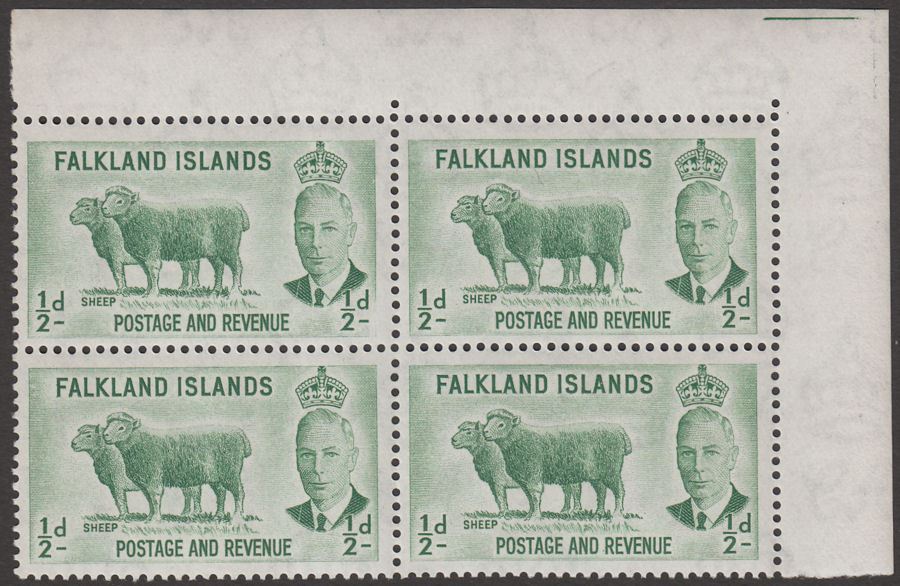 Falkland Islands 1952 KGVI ½d Green Block Variety Missing Frame Line Mint SG172