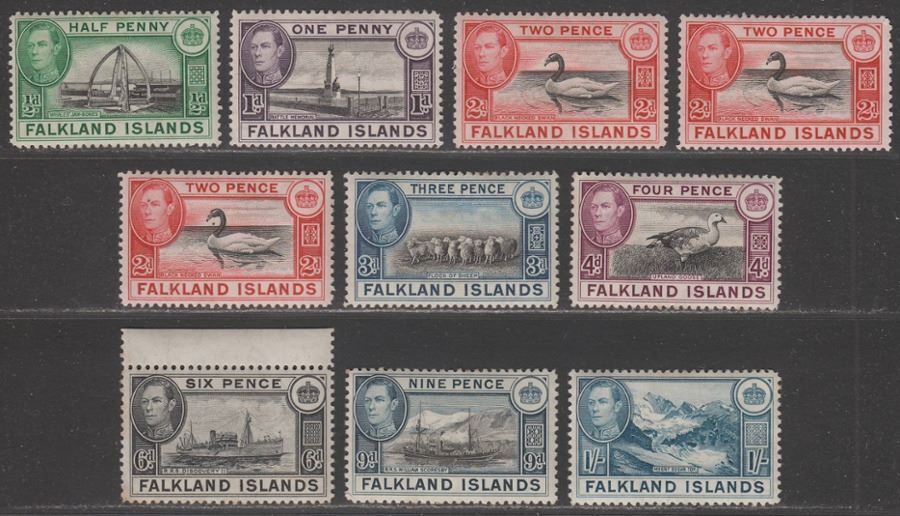 Falkland Islands 1938-50 KGVI Part Set to 1sh Mint with tone spots