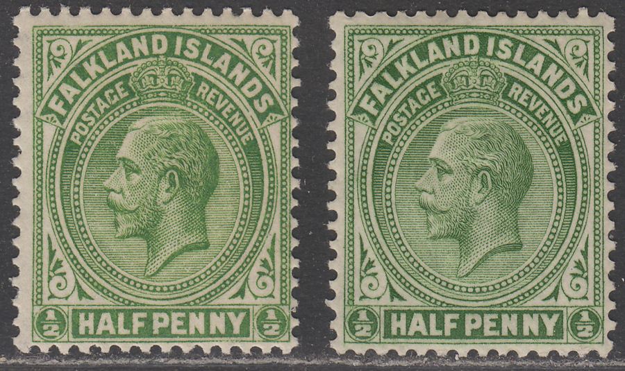 Falkland Islands 1921-25 King George V ½d Green Shades Mint SG73-73a