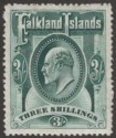Click for more photos and details Falkland Islands 1907 KEVII 3sh Deep Green Mint SG49b w Variety Flying Triangle